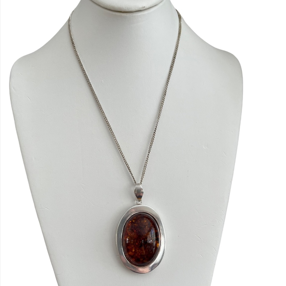 Huge oval cabochon Baltic honey amber sterling silver pendant & chain - Picture 3 of 15